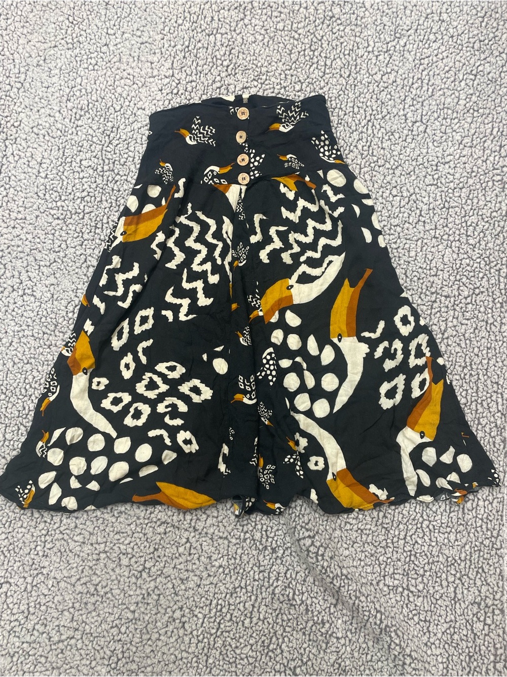 FARM Rio Tucanissimo Toucan Print Black Midi Skirt Button Front Small